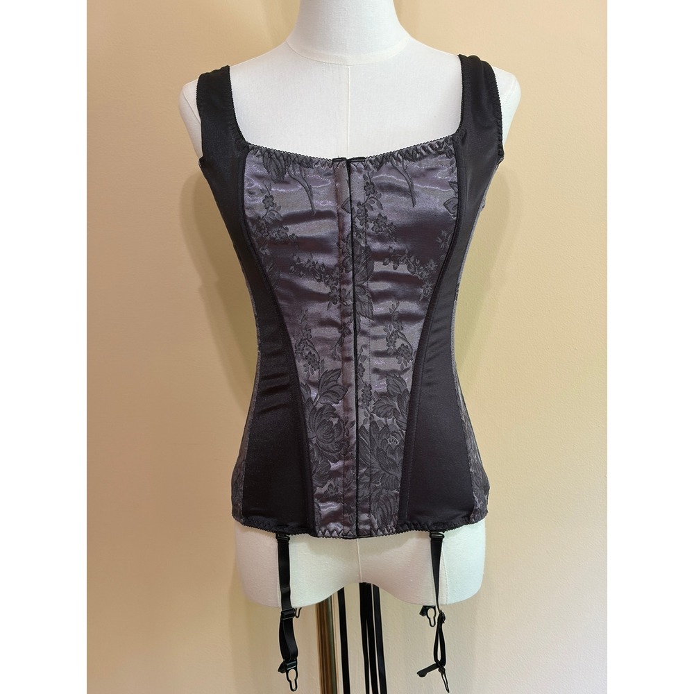 Shirley of‎ Hollywood Black Silver Floral Brocade Garter Corset Women Sz 36 Exc